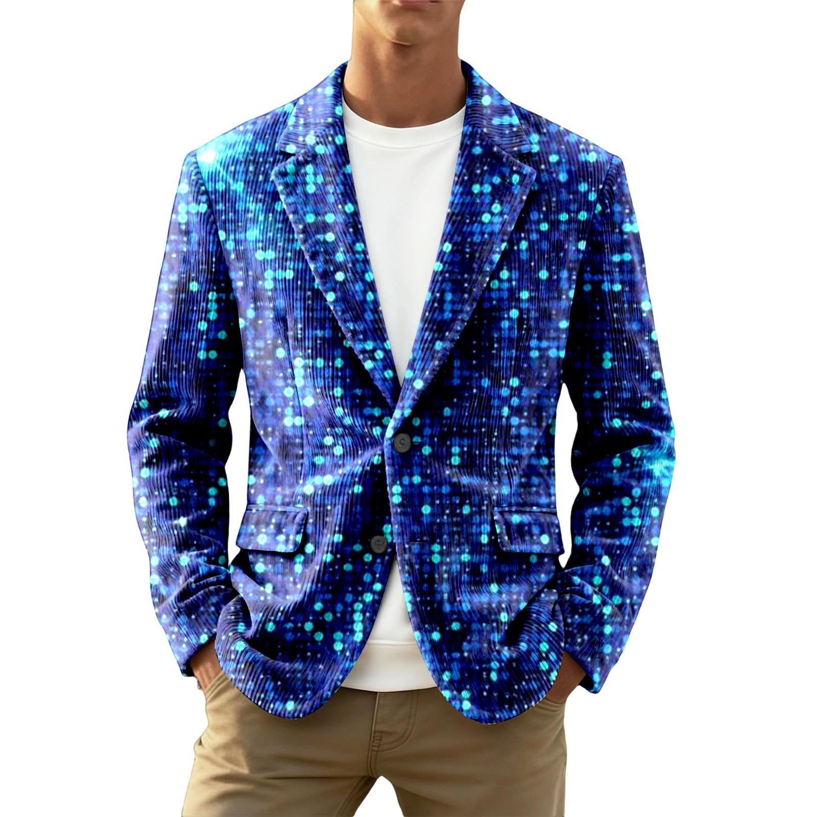 Mens 70s Shiny Metallic Glitter Jacket Disco Retro Corduroy Blazer Halloween Carnival Night Club Party 60s, dark blue, S