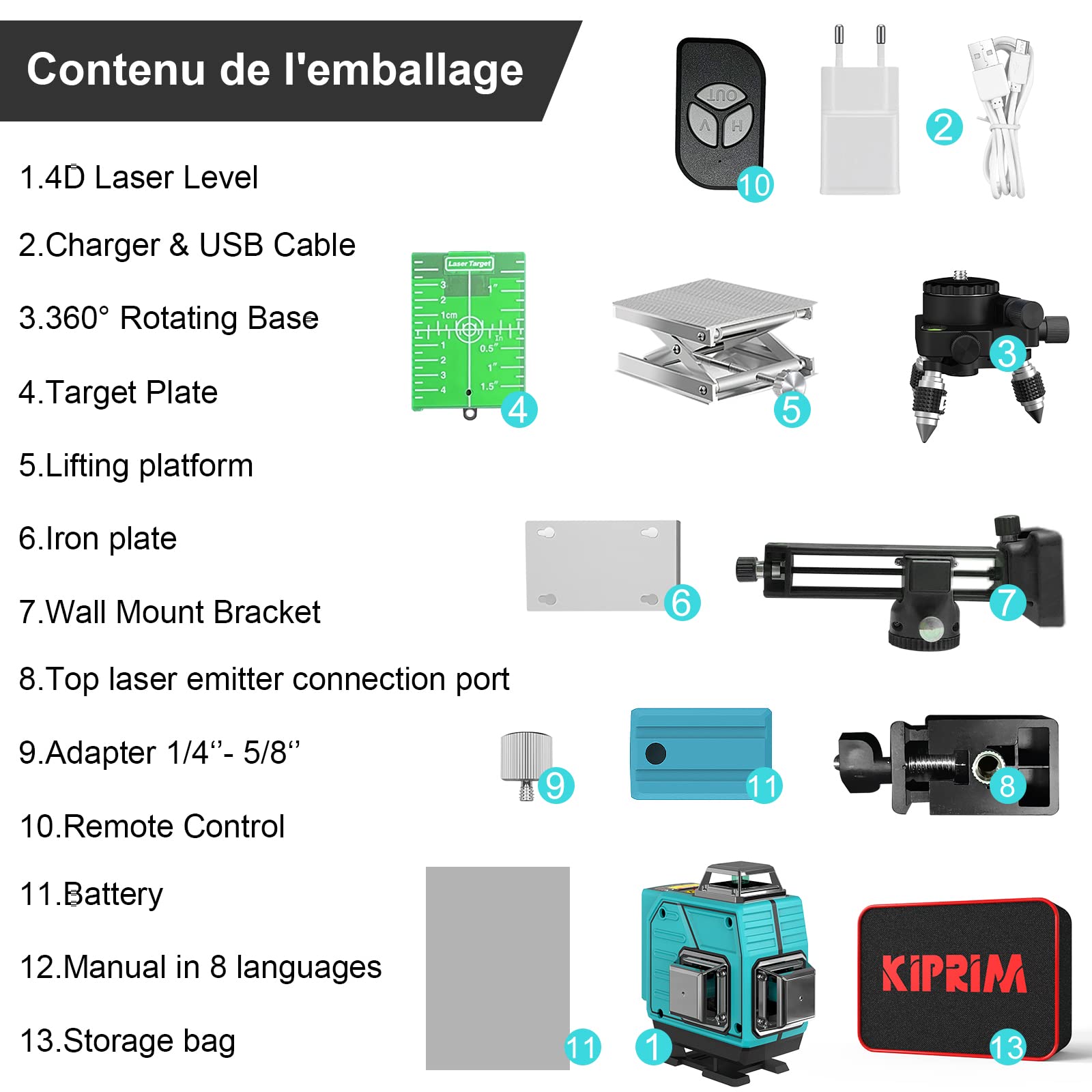 Niveau Laser 4 * 360° Kiprim LV4D 16 Lignes Niveau Laser Autonivelant 40M avec 3 Modes Accessoires Divers pour Chantier