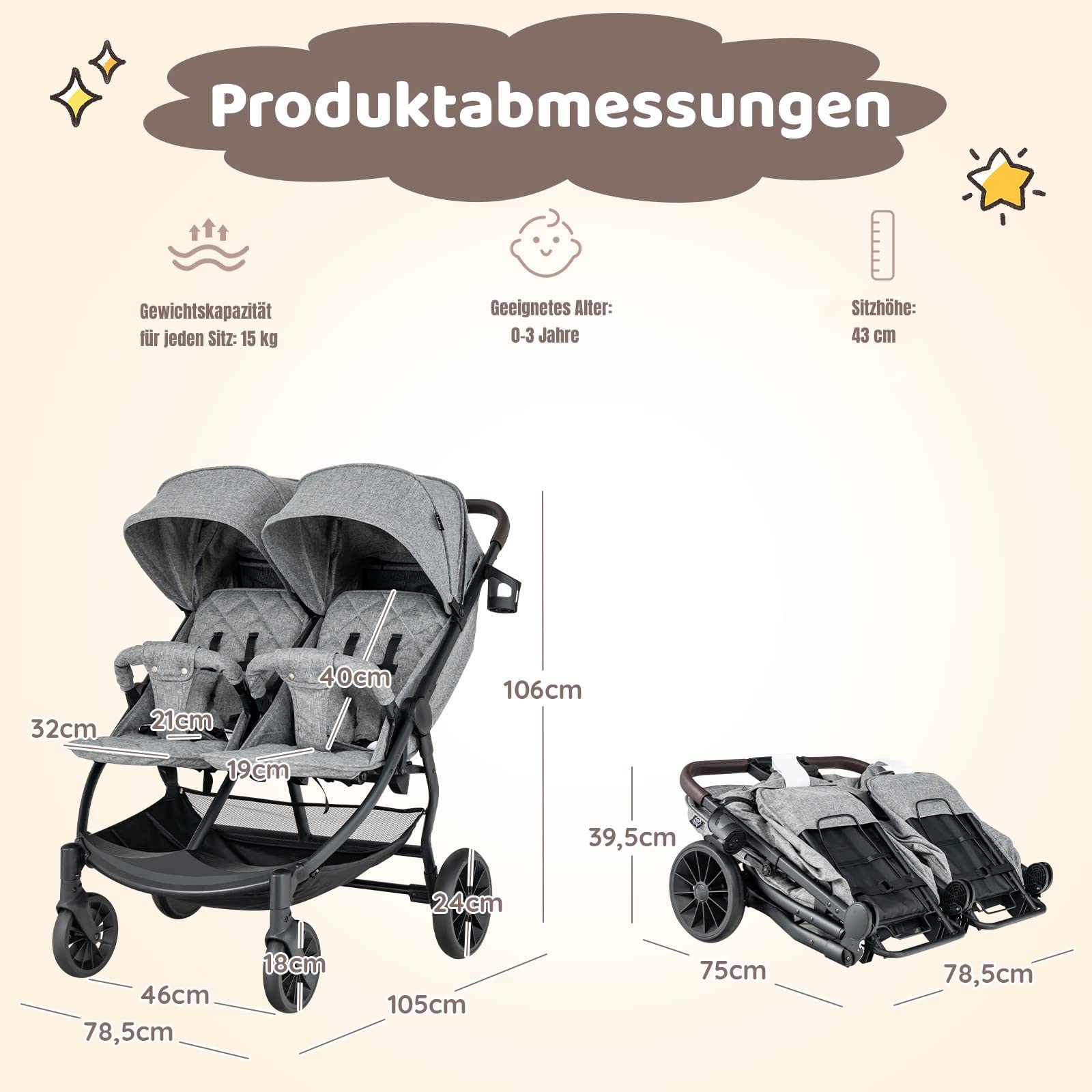 DREAMADE Geschwisterwagen 2 in 1, Doppelkinderwagen Baby und Kleinkind, Zwillingswagen Faltbar, Babywagen mit Doppelsitz, Kinderwagen für 2 Kinder (Modell 2)