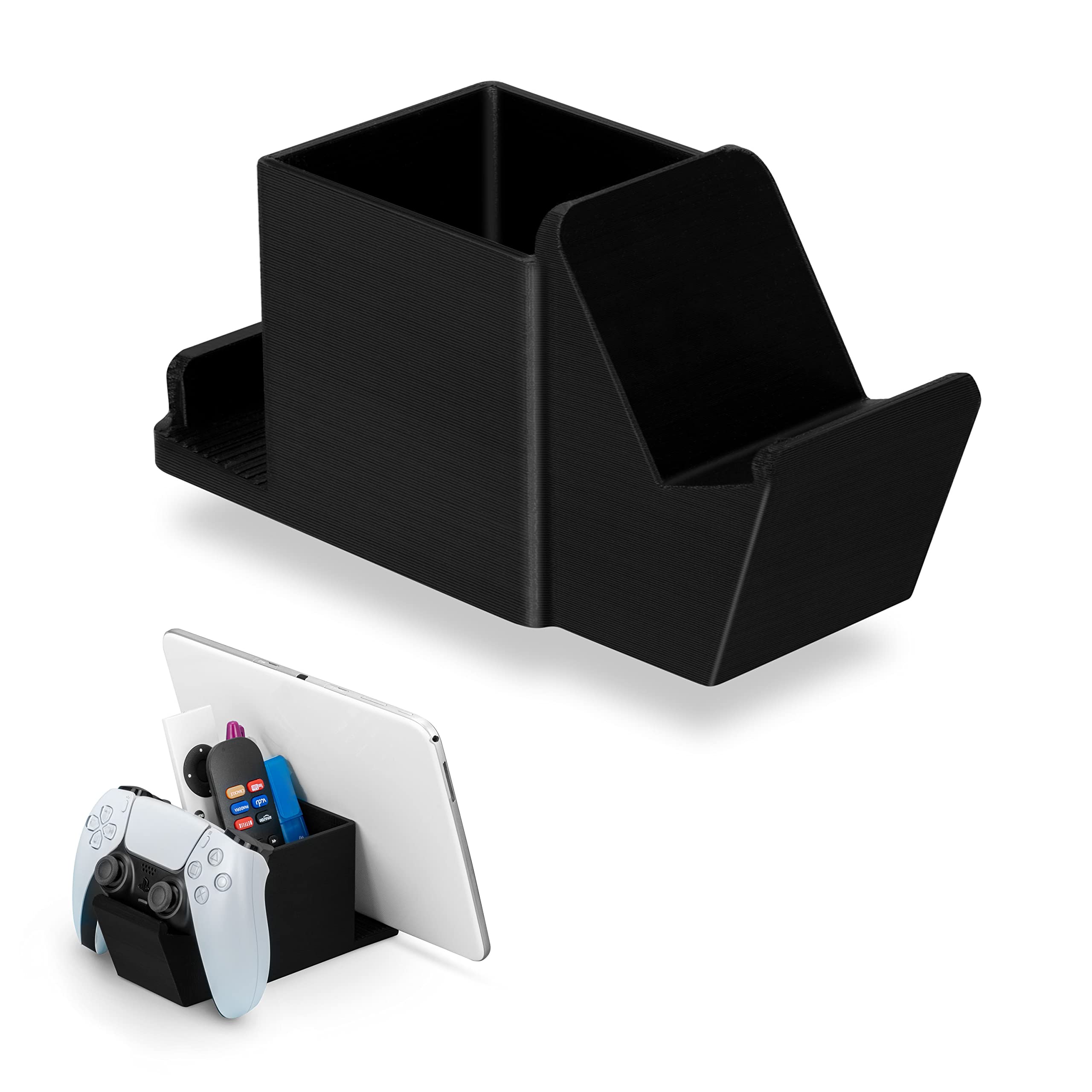 Desk Organizer with Game Controller Holder, Tablet Stand for iPads/iPhones, TV Remote &amp; Pen Storage, Reduce Desktop Clutter, Have All Your Side Table Items in One Space (Black)