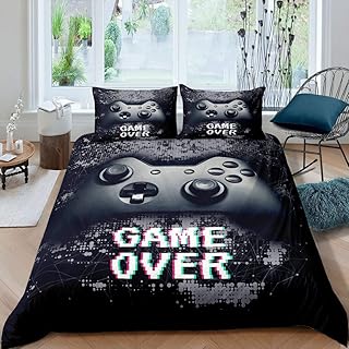 Boys Gamer Bedding Kids Games Comforter Cover for Bedroom Living Room Decor Child Teens Video Game Gamepad Duvet Cover Novelty Nostalgic Playing Gaming Bed Cover Set with 2 Pillowshams,Queen,Black