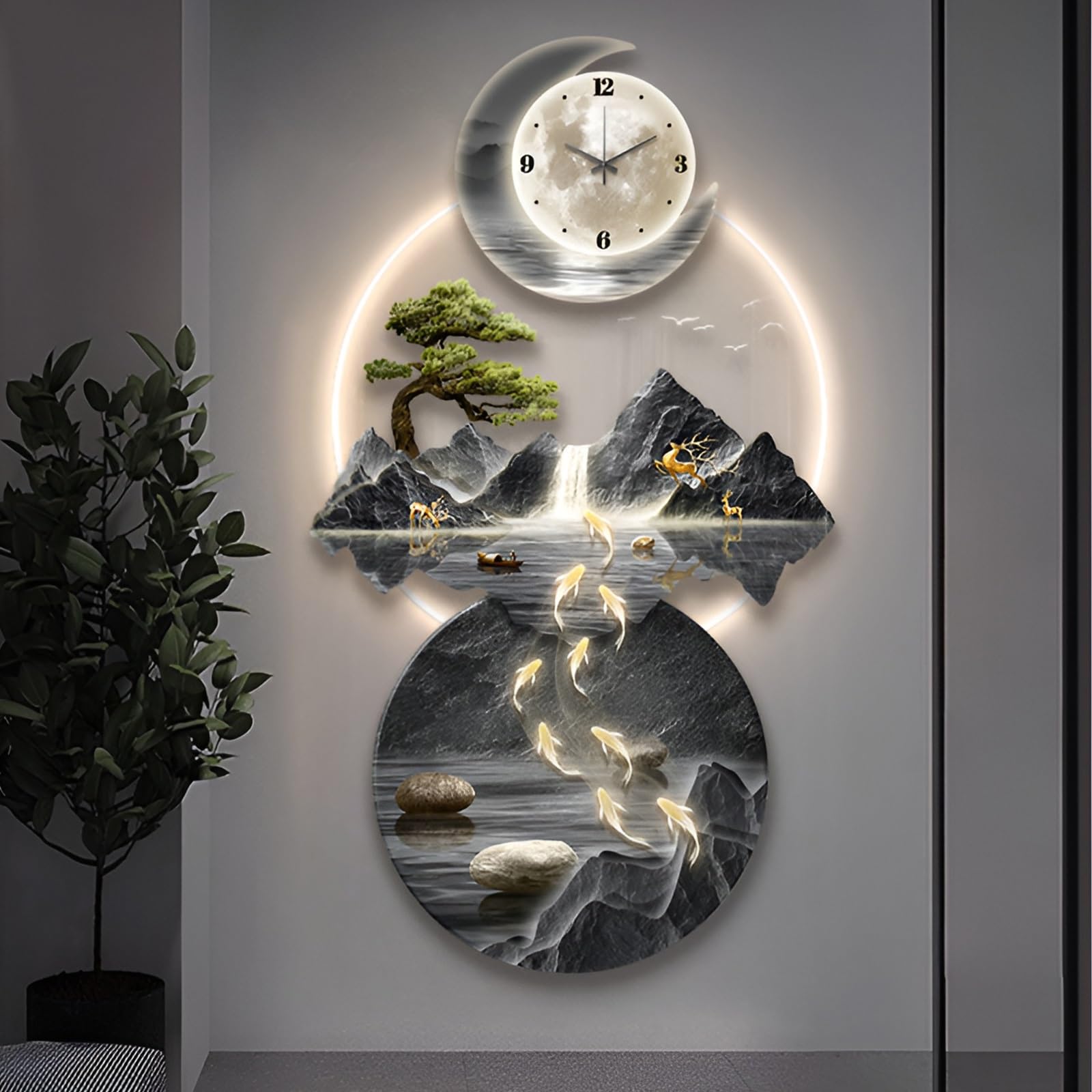 Wall Sculptures 3D Wall Art Decor Clock Plug-in Power Supply Home Decor Wall Modern Wall Hanging Sculpture Painting with LED Light for Bedroom Living Room Apartmen(Stylle F,19.6 * 39.37IN) Not tested