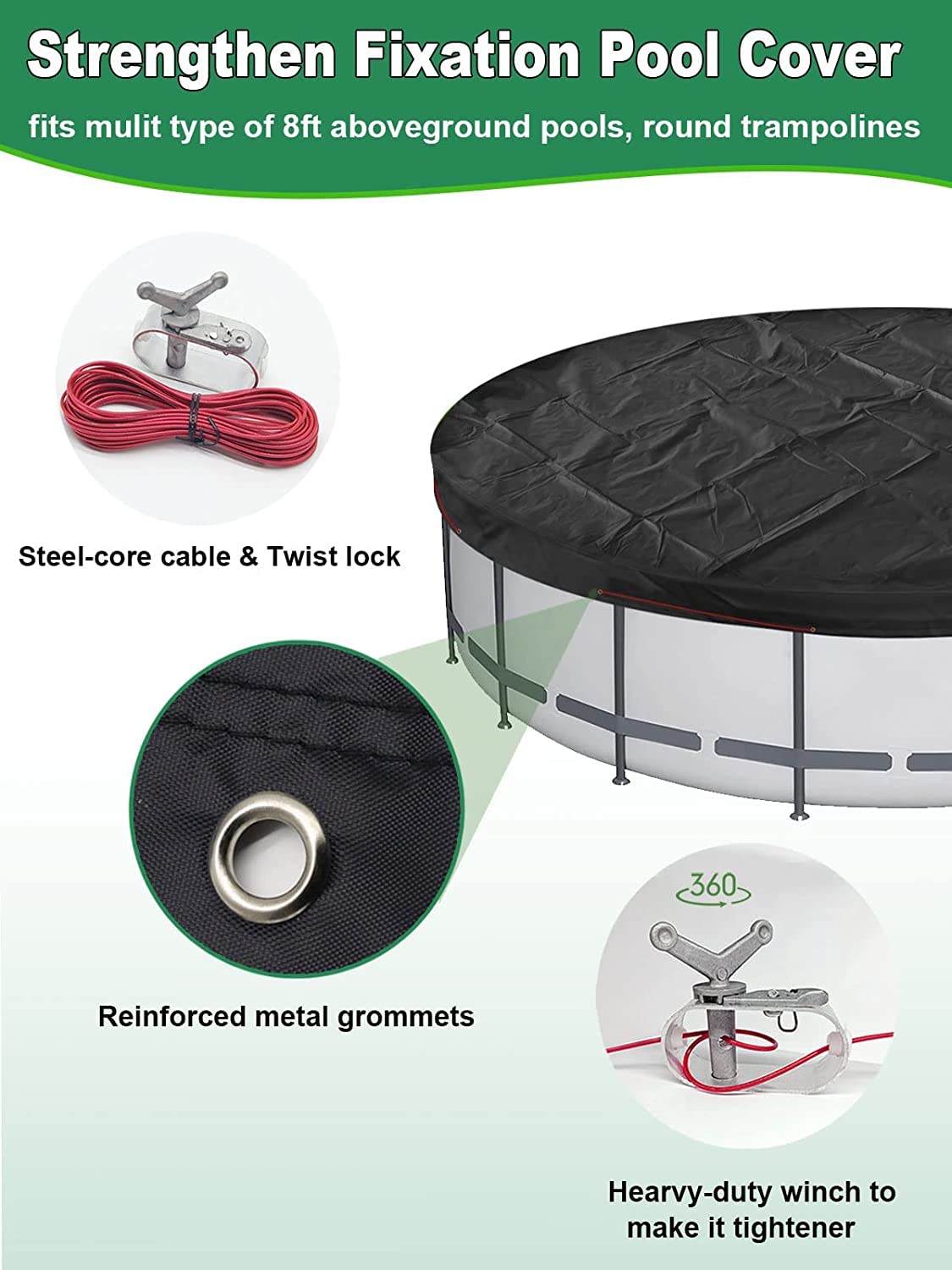 Bâche De Piscine Ronde 3,7 M – Couverture Hiver Solide, Serrage à Cliquet Facile, Anti-UV Et Anti-débris