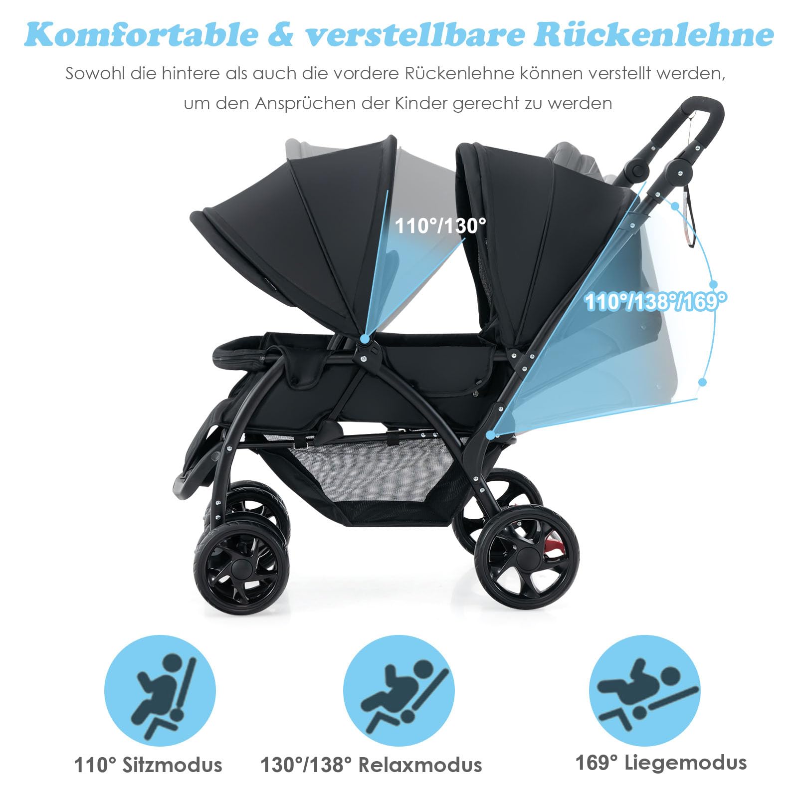 COSTWAY Geschwisterwagen klappbar, Zwillingswagen mit verstellbarer Rückenlehne & Verdeck, Reisebuggy mit Liegefunktion, Zwillingsbuggy Kinderwagen für Baby ab 6 Monate, 30 kg Belastbar (Schwarz)