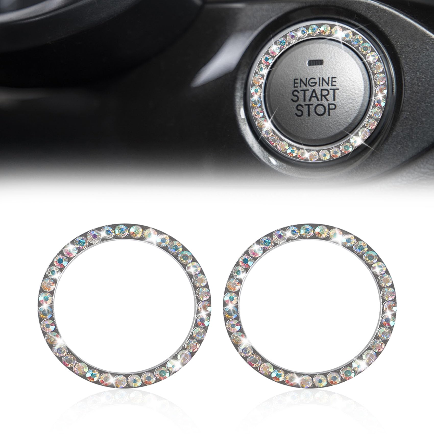 2 Pcs Crystal Rhinestone Car Engine Start Stop Decoration Ring, Push to Start Button Cover, Bling Car Accessories for Women, Key Lgnition Starter Knob Ring (AB Color)