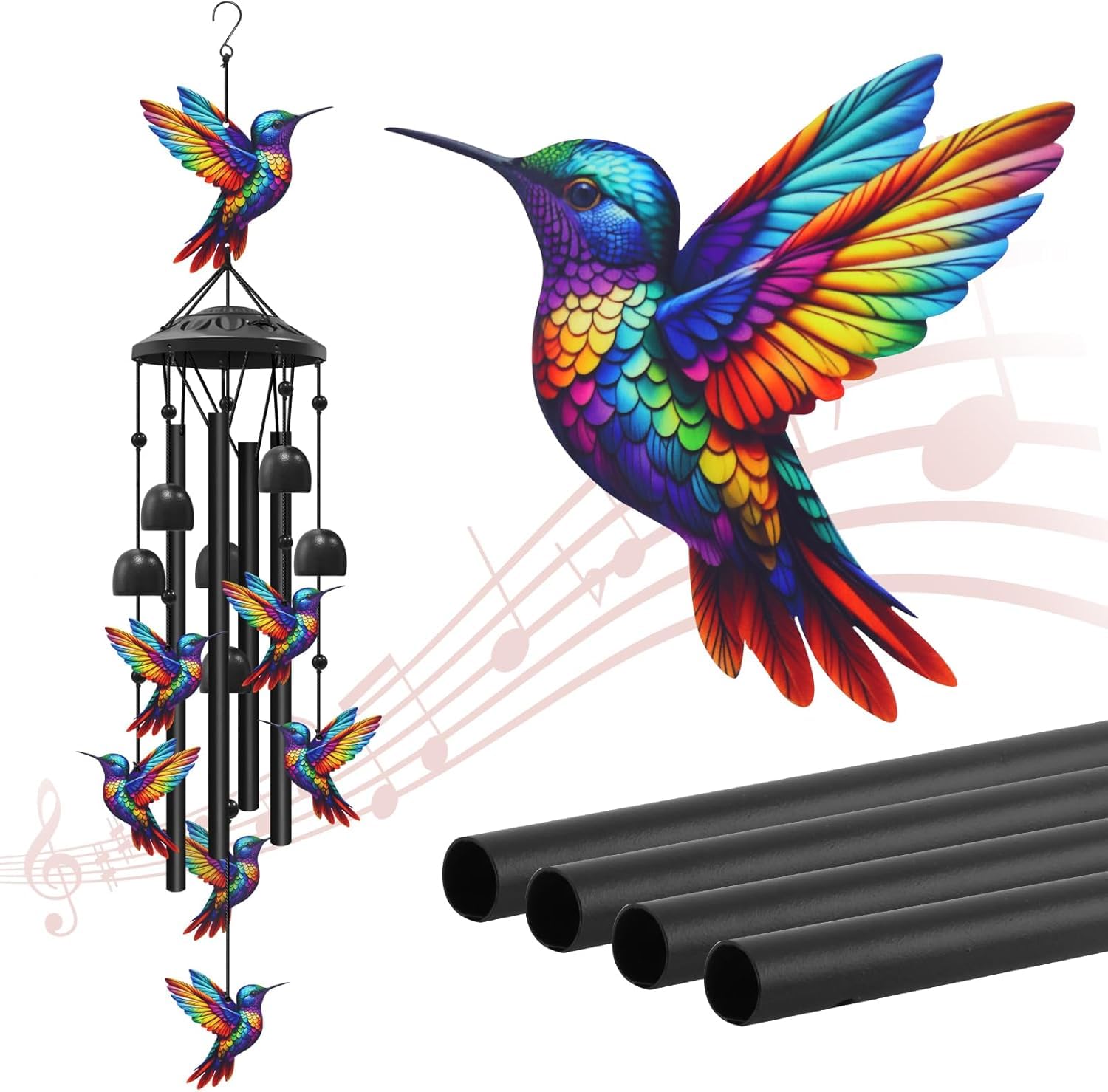 Hummingbird Wind Chimes for Outside, Black Metal Windchimes Outdoors,Indoor Decor Birthday Gifts for Grandma/Mom, Durable Chimes for Outdoors