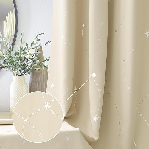 BUHUA Cortinas opacas beige para dormitorio, cortinas de ventana con aislamiento térmico con patrón de estrellas, 63 pulgadas de largo, cortinas