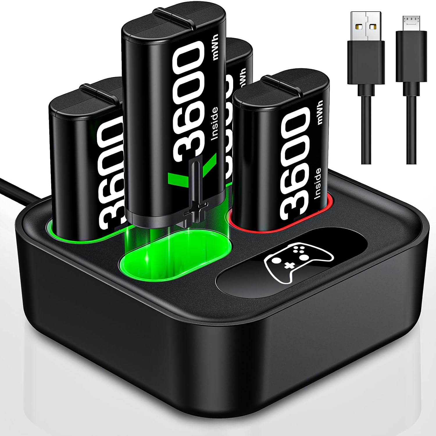 Rechargeable Xbox Battery Pack for Xbox One Controller, Charger for Xbox with 4x3600mWh Batteries for Xbox Series X|S, Xbox One S/X/Elite, Battery Charging Station (1500mAh)
