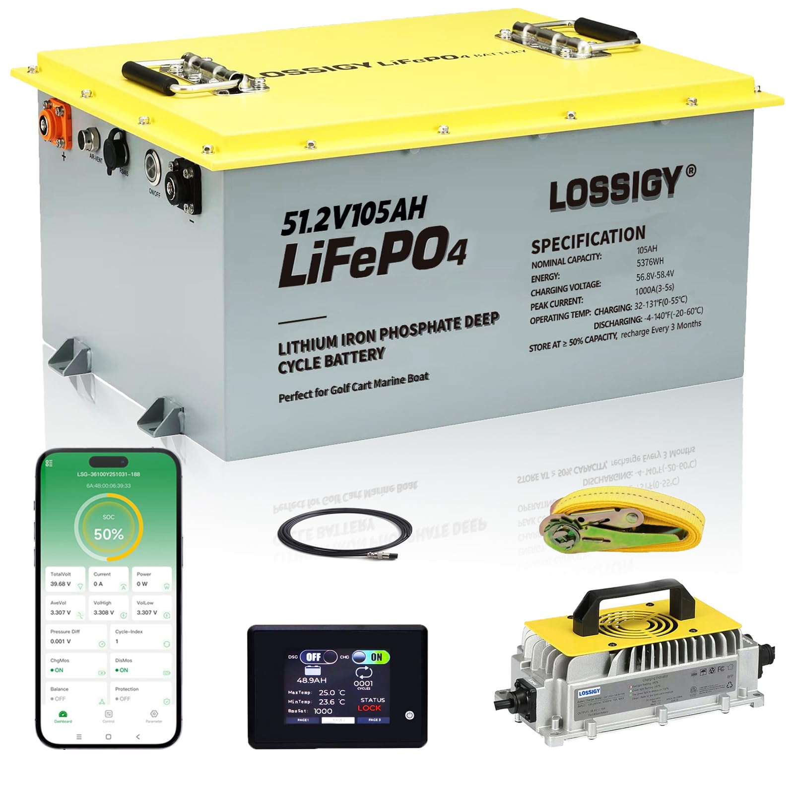 LOSSIGY 48V 105Ah Lithium Golf Cart Battery Kit