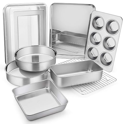E-far Stainless Steel Bakeware Set, Metal Baking Pan Set of 9, Include Round/Square Cake Pans, Rectangle Baking Pan with Lid, Loaf Pan, Muffin Pan, Cookie Sheet with Rack, Dishwasher Safe