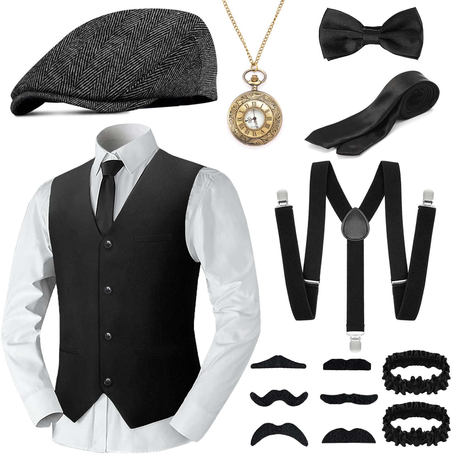 WEARXI 20er Jahre Kostüm Herren, Karneval Kostüm karnevalskostüm Herren mit Weste Hosenträger Hut Krawatte Taschenuhr Kunstbart, Mafia 20er Jahre Accessoires Fasching Anzug Kleidung für Partys