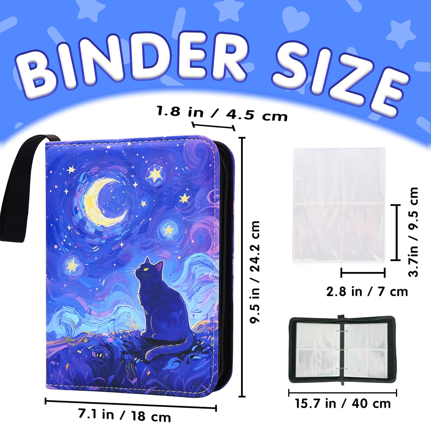 Cute Cat Card Binder, 400 Pocket Card Album for Girls Gifts, Black Cat kitten Trading Game Card Holder Album for Standard Size Cards, Collectible Game Collection Case (Starry)