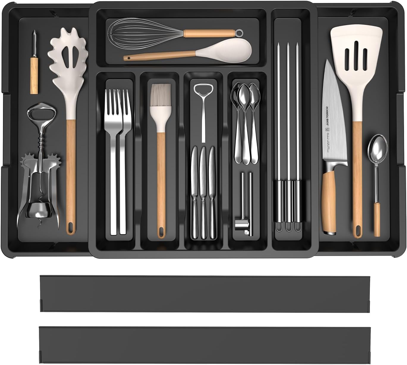 iDavosic.ly Silverware Drawer Organizer, Expandable Utensil Tray for Kitchen, Large Adjustable Plastic Cutlery Flatware Holder for Knife Fork Spoon with 8-10 Compartments, Black