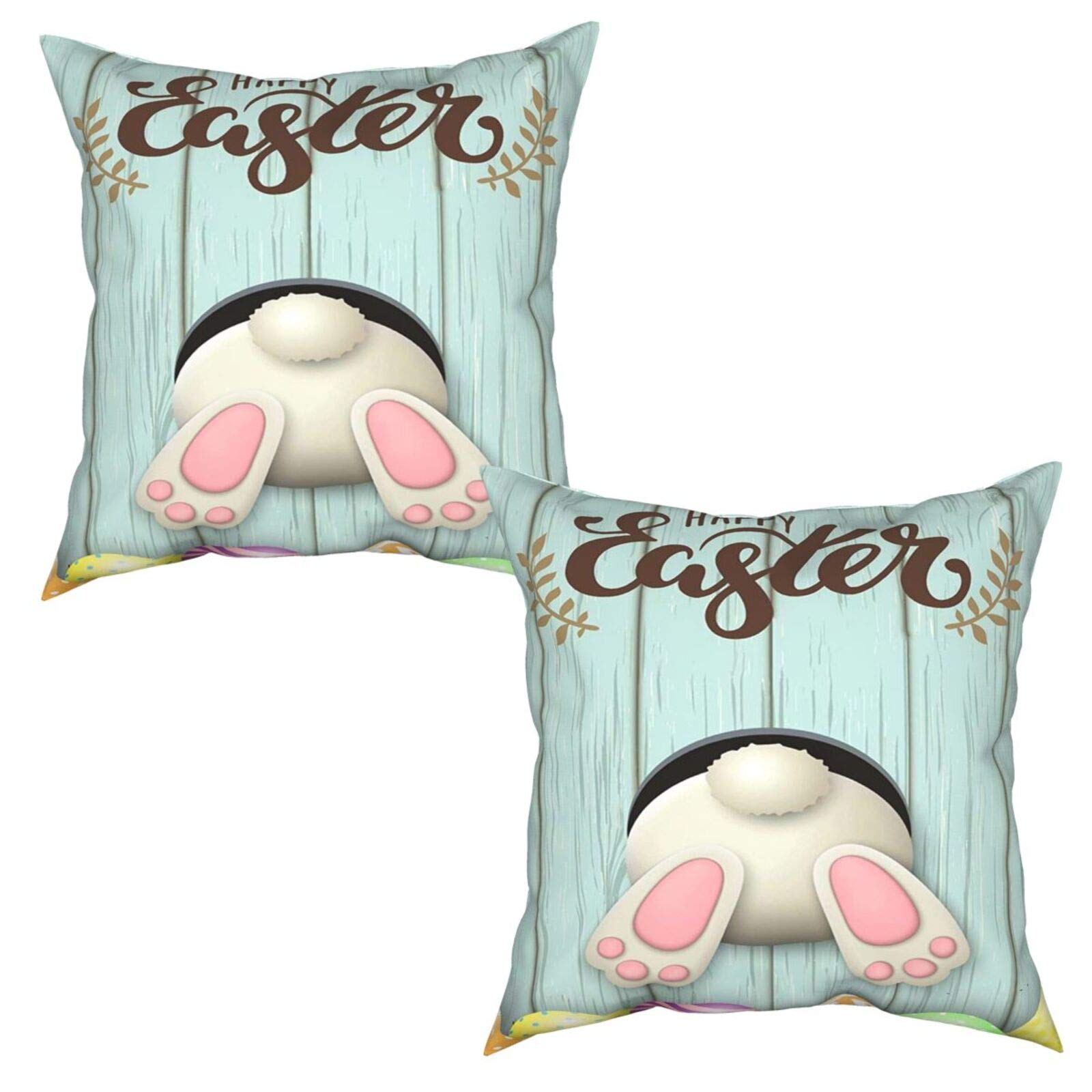 Hierceson Rabbit Easter Eggs Throw Pillow Cover, Cute Bunny Spring Decor Pillowcase with Hidden Zipper Square Cushion Case for Patio Car Sofa 2 of Set 18x18 Inch (Light Blue)