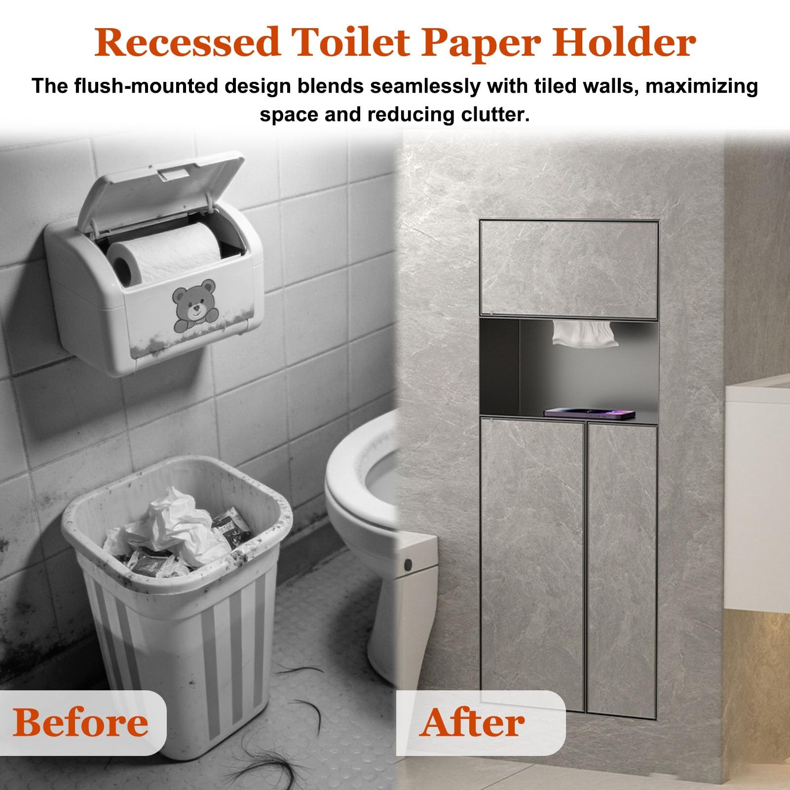 Nicho de baño empotrado con estante de almacenamiento y dispensador, soporte de papel higiénico en la pared para instalación de azulejos