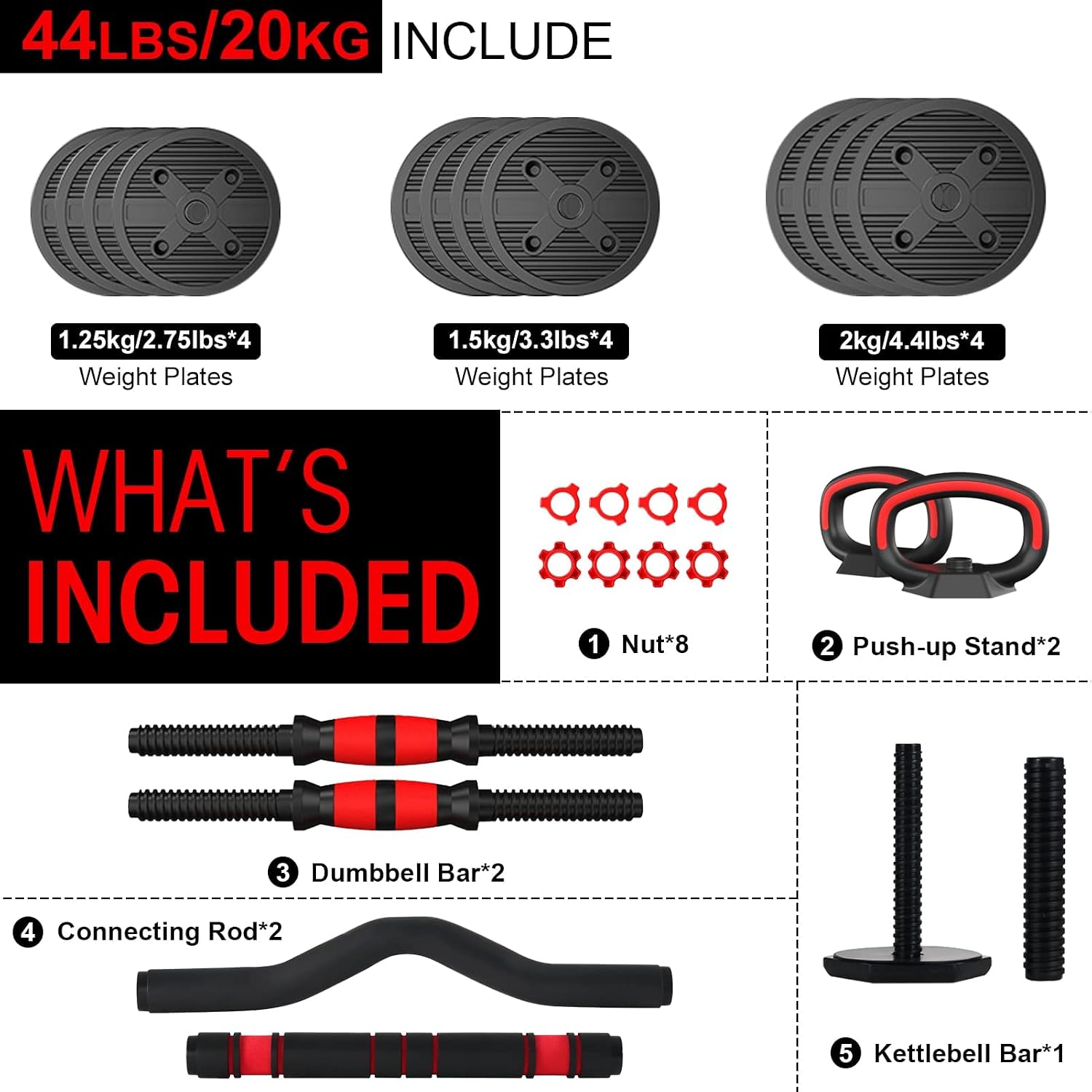 ER KANG Adjustable Dumbbell Barbell Kettlebell Set