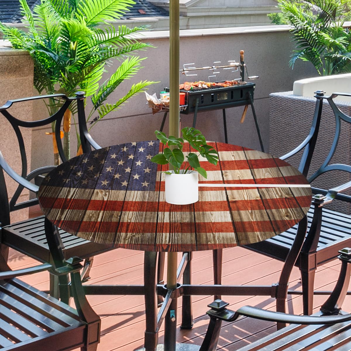 FZDXZJJ USA Flag Wooden Round Outdoor Tablecloth with Umbrella Hole and Zipper,4Th of July American Flag Fitted Tablecloth Elastic Edge Patio Table Cover for Spring Summer Picnic Party 36