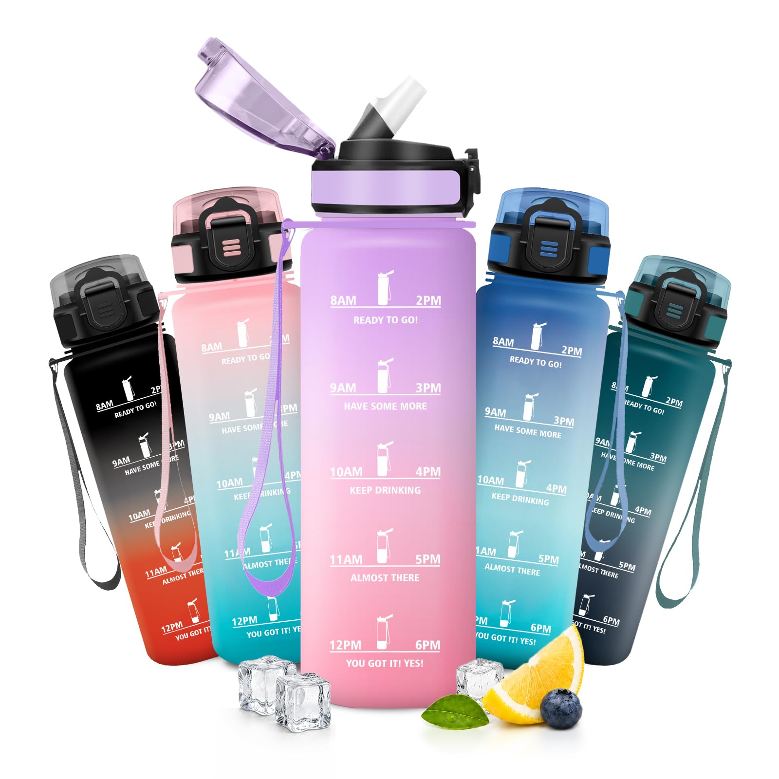 JAPORIA 1L Water Bottle Motivational Water Bottle with Straw Leak-Proof Time Scale BPA Free Reusable Yoga Travel Gym