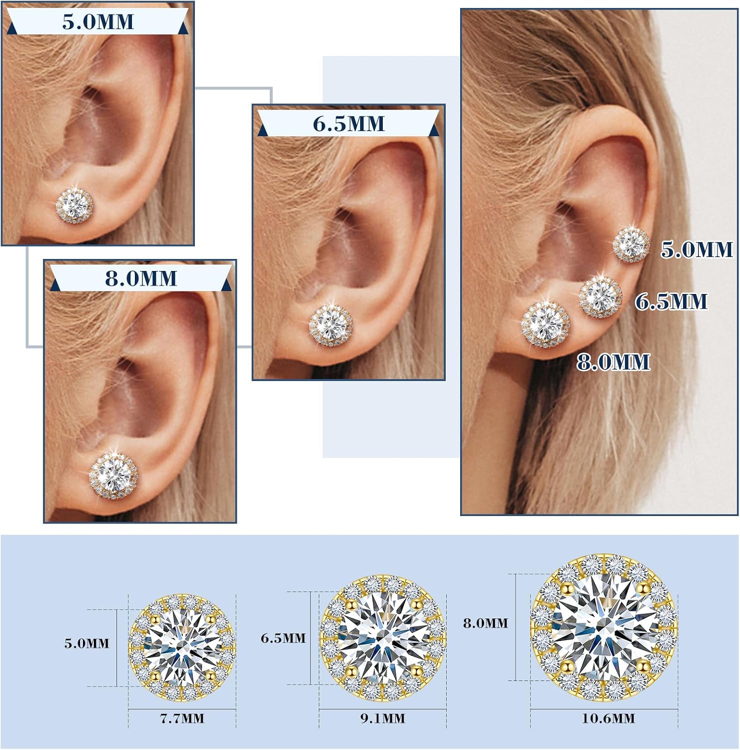 Moissanite Halo Earrings 0.2-4Carats(3-8mm) Moissanite Stud Earrings 18k Gold Over 925 Sterling Silver Earrings for Women Men D Color VVS1 Round Cluster Stud Push Back Ice Out Ear Studs