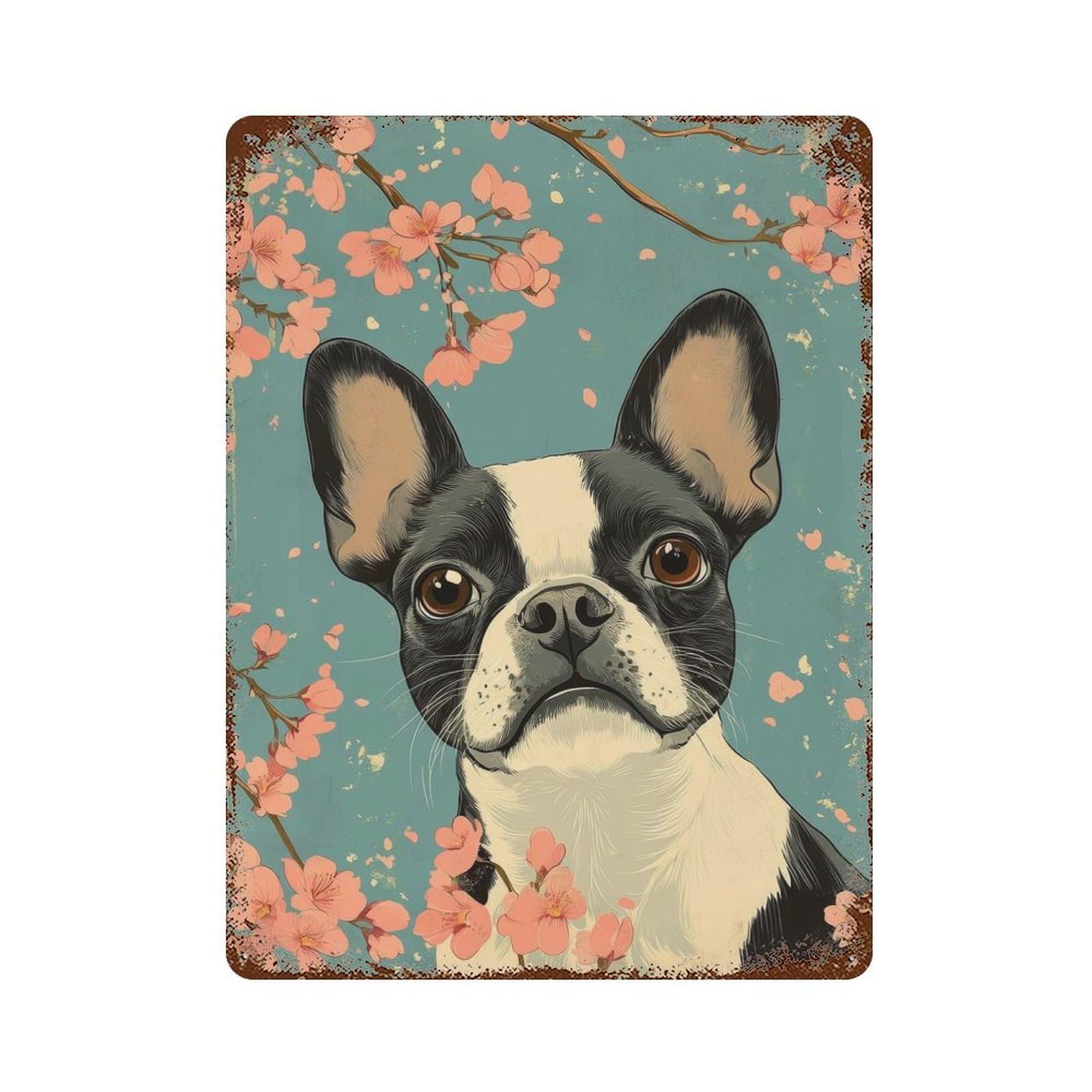 Boston Terrier with Cherry Blossoms Art Boston Terrier Art 15.7"x11.8" Aged Metal Wall Plaque, Classic Wall Plaque for Basement, Hobby Room And Garage Decor