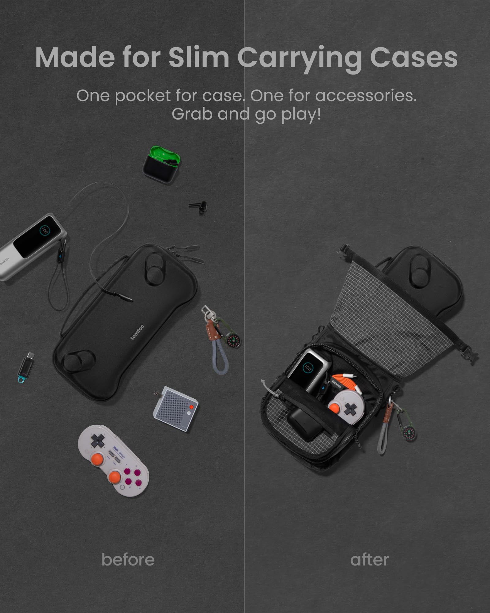 tomtoc Sling Bag per Custodia Slim per Console di Gioco Portatili, Borsa a Tracolla da Viaggio per Steam Deck, ROG Xbox Ally X, Switch 2, PS Portal, Borsa Roll-Top per Cavi di Ricarica e Accessori