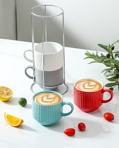Vista 16 de Hasense Juego de 4 tazas de café de cerámica con soporte, 15 onzas, apilables, grandes, de porcelana, acanaladas, para capuchino, té, cacao