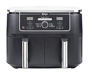 Ninja Foodi Freidora de aire con compartimento doble, 9,6 l, 6 en 1, no usa aceite, Freír con Aire, Max Crisp, Asar, Hornear, Deshidratar, 8 porciones, cestas antiadherentes, en negro, AF400EU
