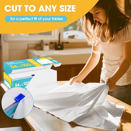Miniatura 4 de Rollo de plástico blanco para mantel 54 pulgadas x 100 pies, mantel para mesa rectangular con cortador deslizante, mantel de plástico desechable