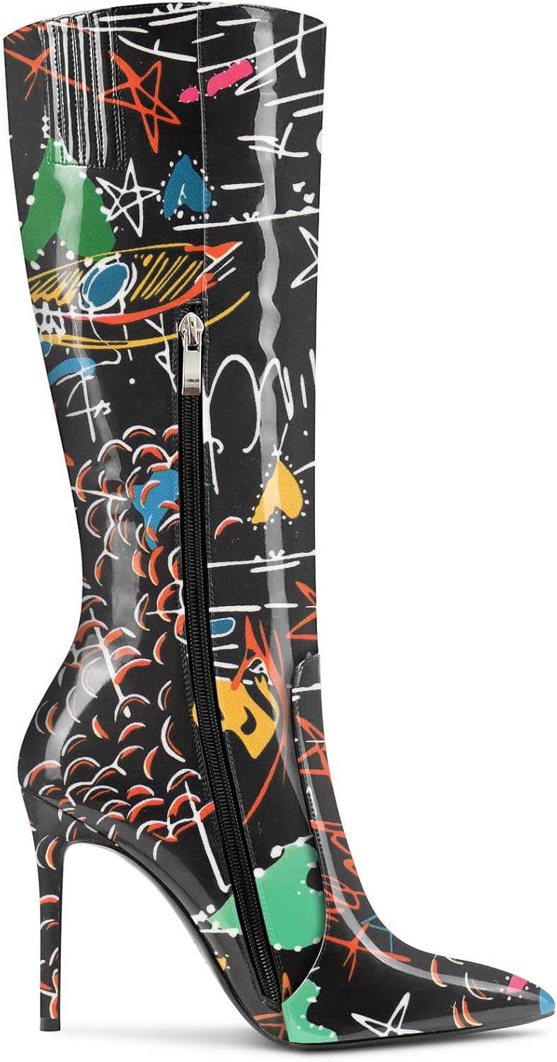 Aachcol Women Stiletto High Heel Mid Calf Boots Zipper Close Pointed Toe Dress Shoes Patent 4 Inch