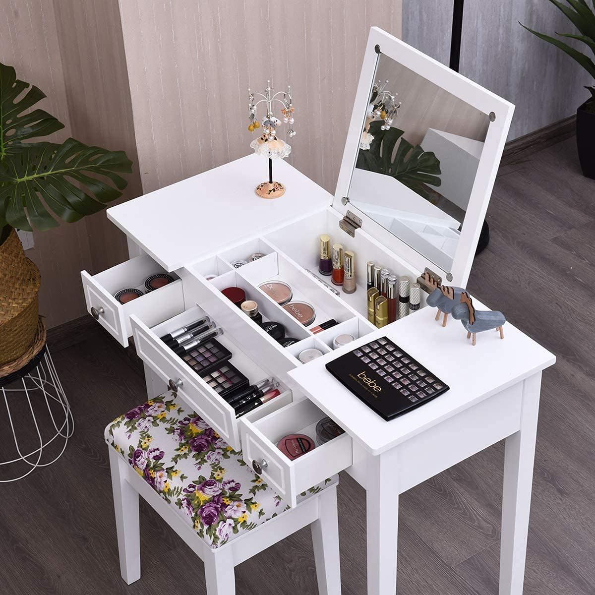 Byroce Vanity Set with Bench, Dressing Table with Flip Top Mirror, 3 Drawers & 7 Compartments, Writing Desk, Makeup Table with Cushioned Stool for Bedroom and Living Room, White