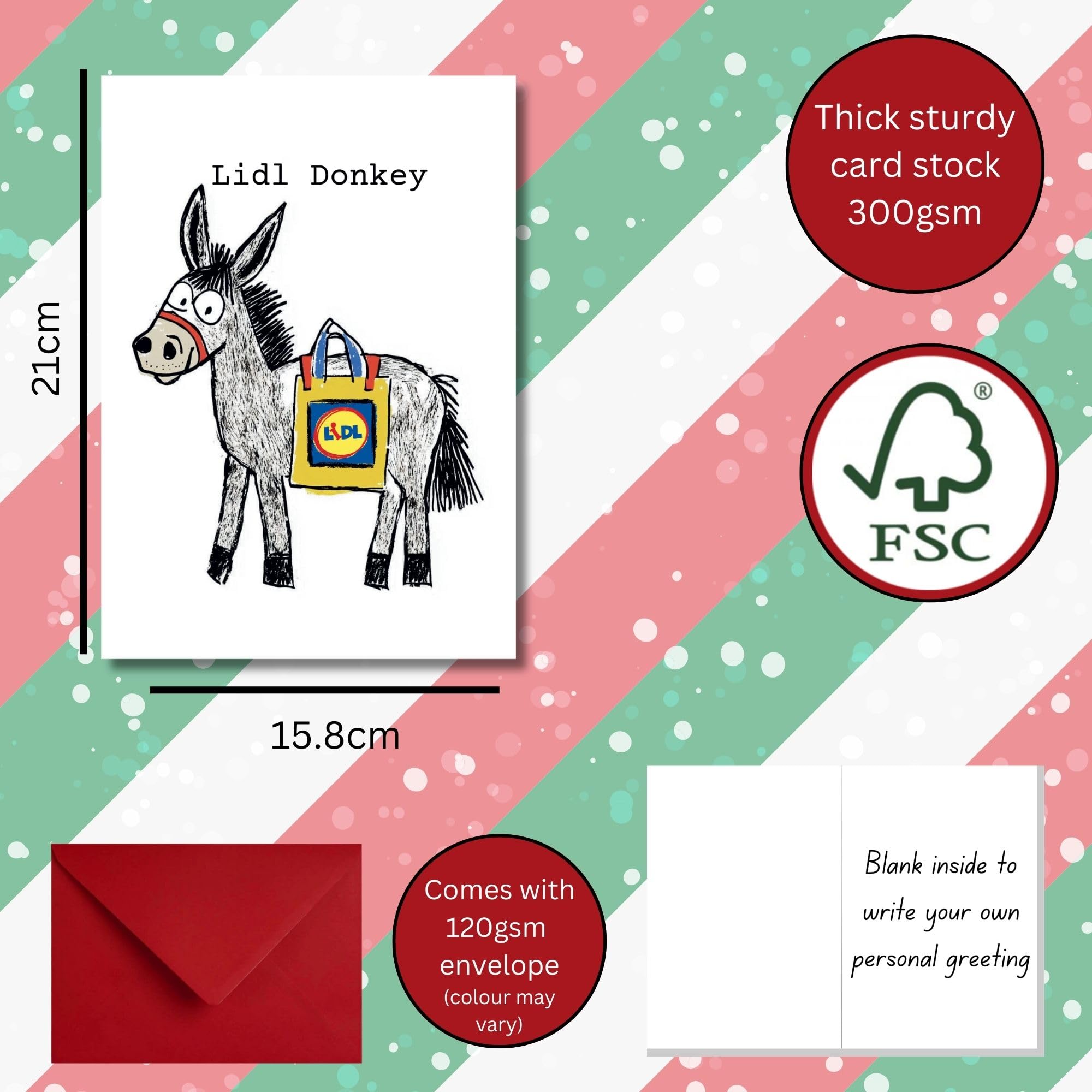 Funny Christmas Cards For Men & Women Cute Little Donkey Xmas Design Modern Luxury Pack 5, White, A5 (148mm x 210mm) - Image 2