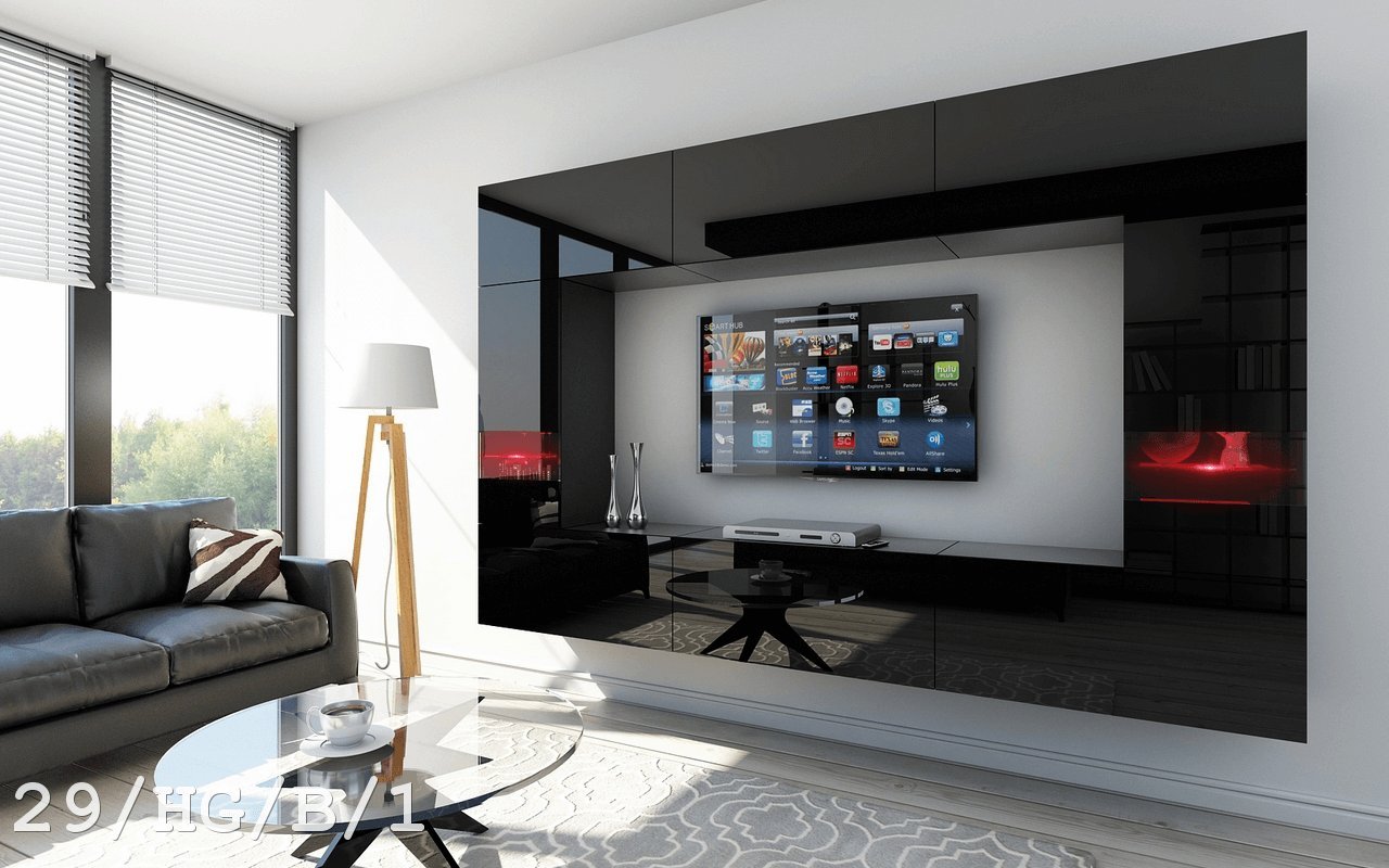 Com4t-Style Black Gloss C29 1A Living Room Furniture Set Entertainment Media Wall Center Cupboard Storage Push to Open TV Cabinets for Living Room 249x165x35 cm
