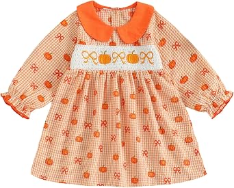 Toddler Baby Girl Dress Pumpkin Print Long Sleeve Doll Collar Outfit Kid Thanksgiving Day Clothes