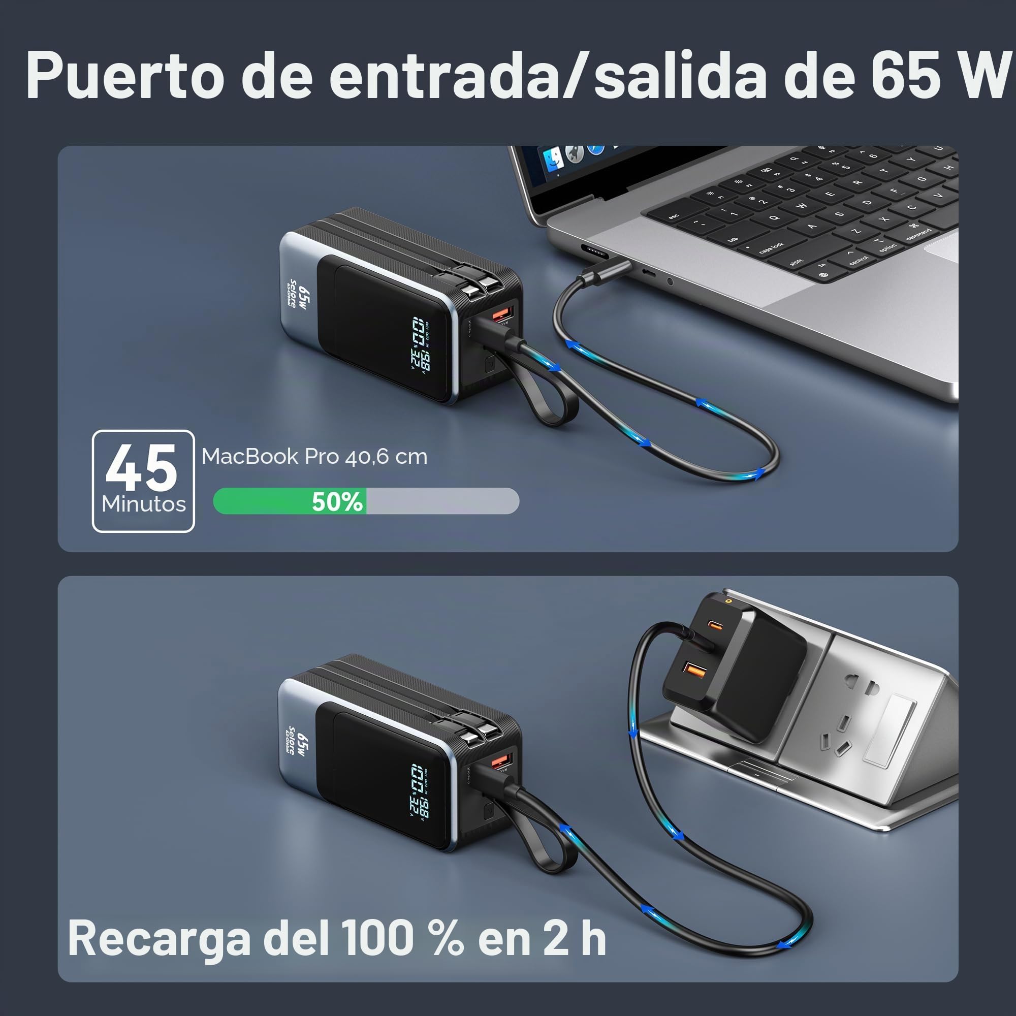Selore&S-Global Power Bank, 65W Bateria Externa Carga Rapida, USB C Cargador Portátil con Cable Integrado, 4 Outputs, Powerbank Compatible con iPhone 17 16 15 14 13 Samsung iPad MacBook Pro Laptop