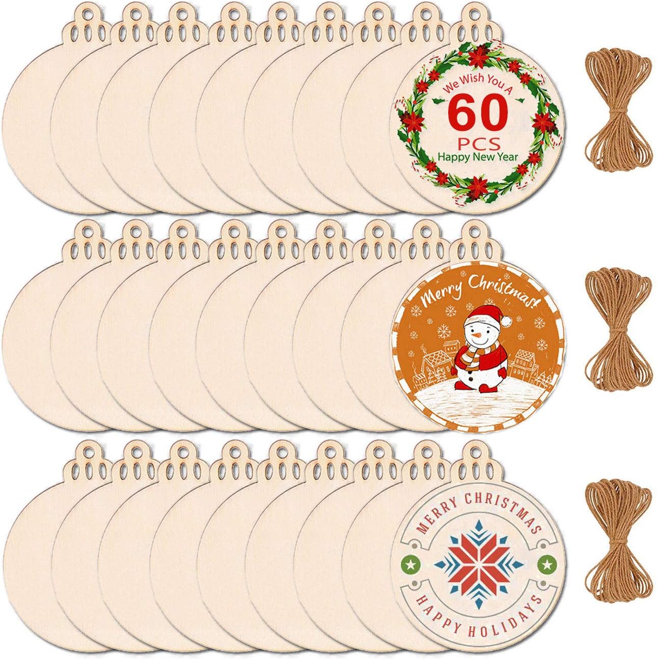 Max Fun 60PCS 3.5" DIY Wooden Christmas Ornaments Unfinished Predrilled Wood Slices Circles for Crafts Centerpieces Holiday Hanging Decorations