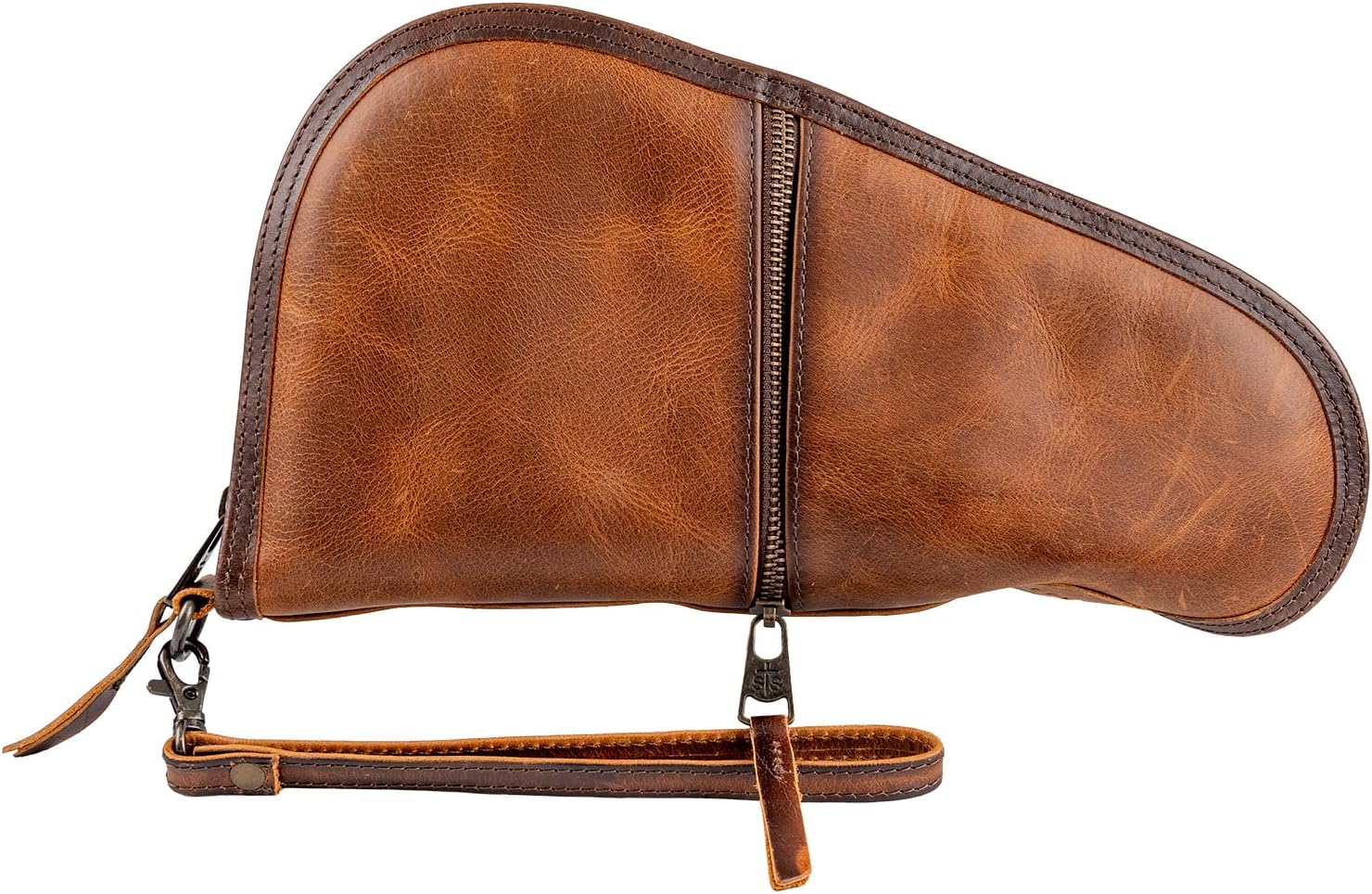 STS Ranchwear Tucson Pistol Case, Durable Genuine Full Grain Waxed Leather Padded Hunting Range Shooting Pistol Concealed Carry Storage Pouch w/Zip Around Closure, Pockets & Wrist Strap, STS34295