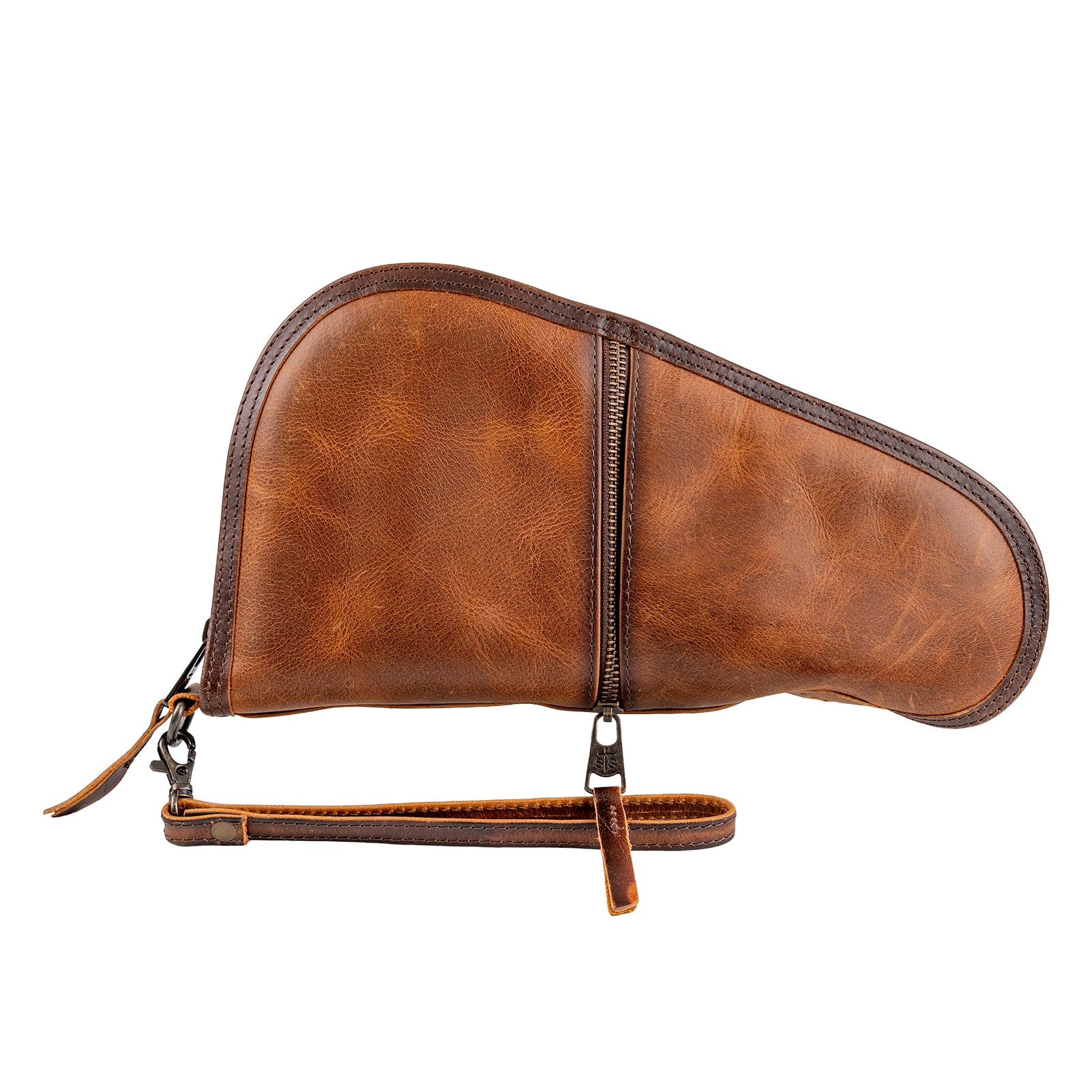 STS Ranchwear Tucson Pistol Case, Durable Genuine Full Grain Waxed Leather Padded Hunting Range Shooting Pistol Concealed Carry Storage Pouch w/Zip Around Closure, Pockets & Wrist Strap, STS34295