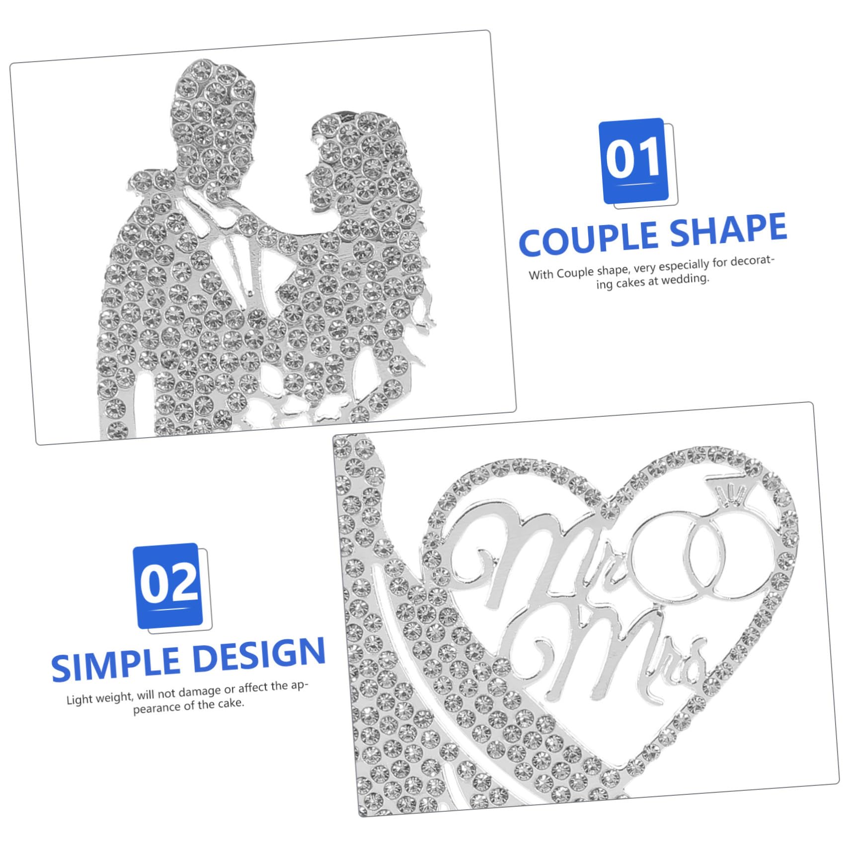 VICASKY 4 Stück Mr Mrs Hochzeitstortenaufsatz Silber Cake Topper Party Deko für Brautpaar Kuchen Dekoration Eleganter Cake Insert für Unvergessliche Hochzeitsfeiern