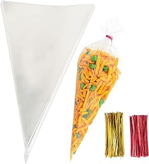 Morepack Cone Cellophane Bags,200 Pieces 6.3"x11.8" Cello Clear Cone Shaped Treat Bags with Twist Ties, Plastic Triangle Bag for Popcorn Favor Candy