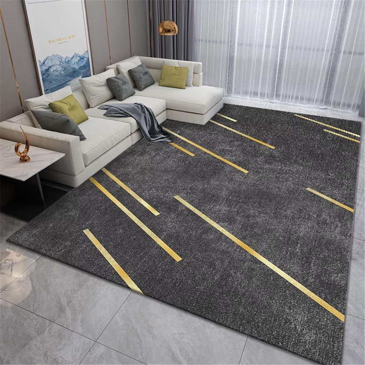 Tapis salon design moderne antistatique gris-jaune 50x80cm antidérapant