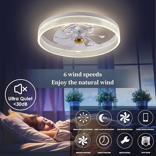 Miniatura 5 de Ventilador de techo de 20 pulgadas con luz, actualizado 2024, ventilador de perfil bajo, ventilador de techo empotrado, 6 velocidades, LED