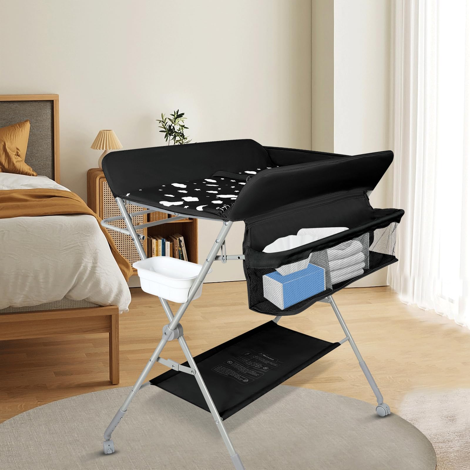 OHMG Baby Table à langer pliable, Table à langer avec roulettes, Table à langer mobile avec matelas à langer, Harnais de sécurité et étagères, Imperméable et réglable en hauteur, Stable
