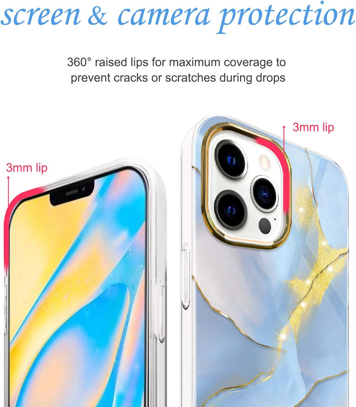 JAHOLAN Glitter Sparkle Metal Luster Case Compatible with iPhone 12 and iPhone 12 Pro Marble Design Clear Shockproof TPU Bumper Hard PC Back Cover Slim Protective Phone Case 6.1" 2020 Gold Blue