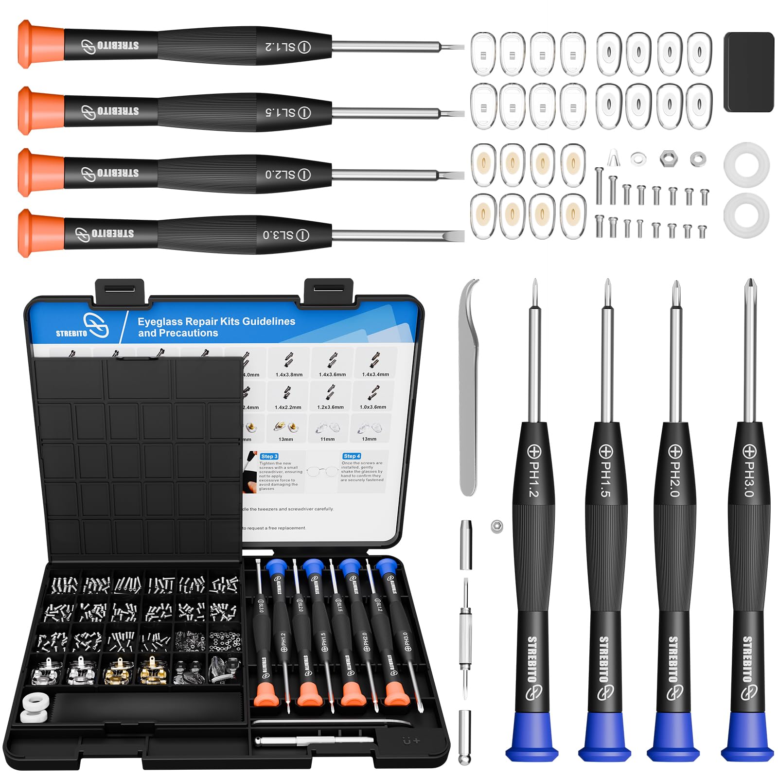 STREBITO Glasses Repair Kit All-in-One Eyeglass Repair Kit with 16 Sizes of Screws 12 Pairs of Nose Pads