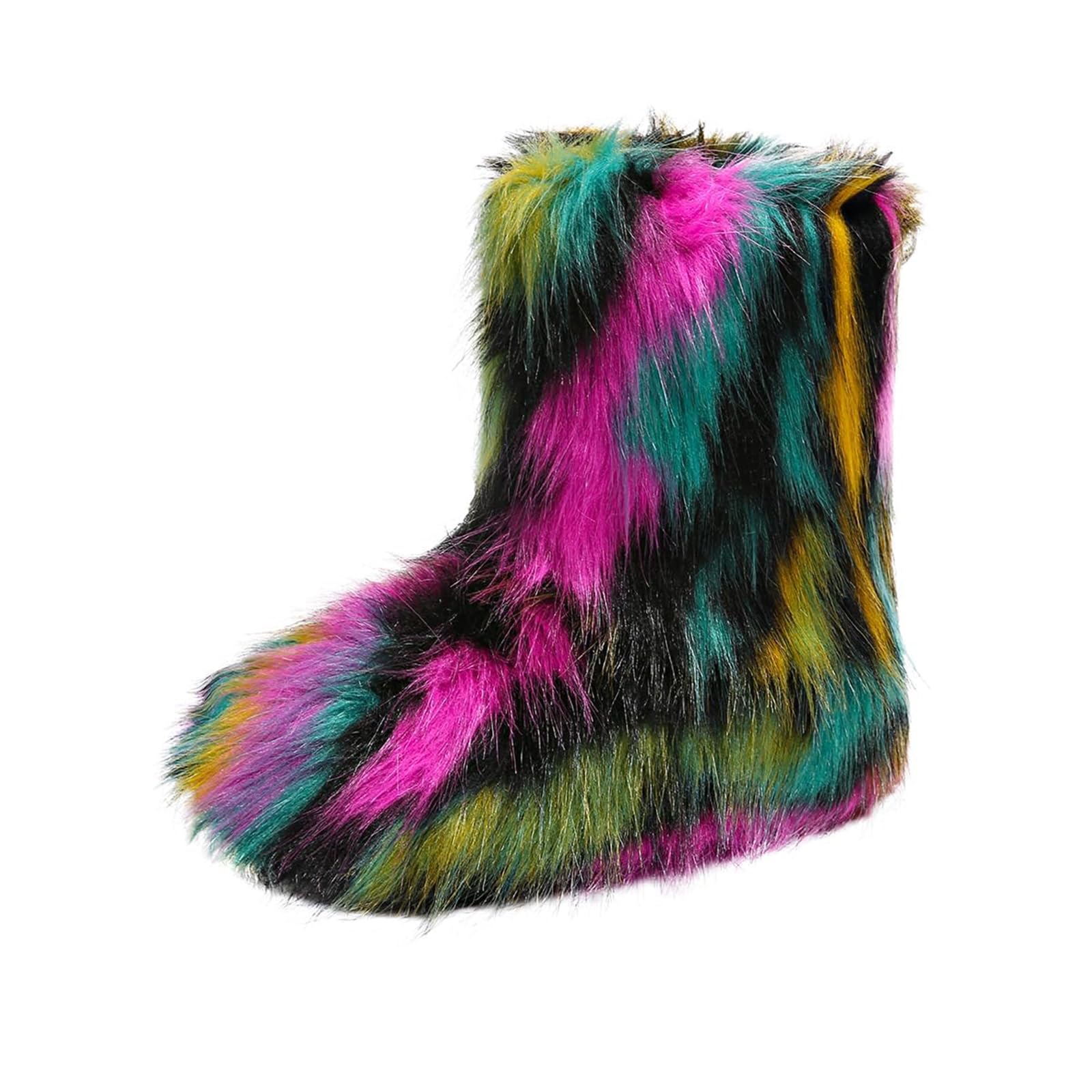 GUNIYIFS Women's Furry Faux Fur Boots Fuzzy Fluffy Mid Calf Winter Snow Boots Suede Warm Fur Lined Booties Flat Fashion Boots