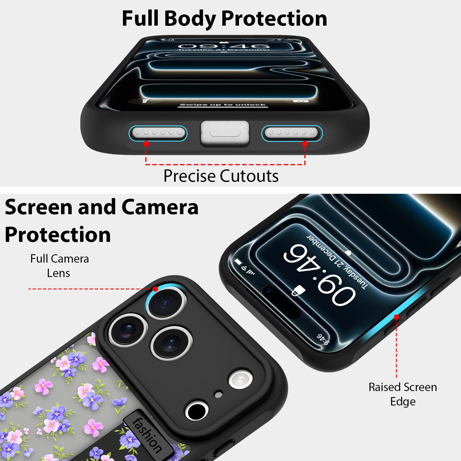 Coque pour iPhone 17 Pro - Joli motif floral - Noir