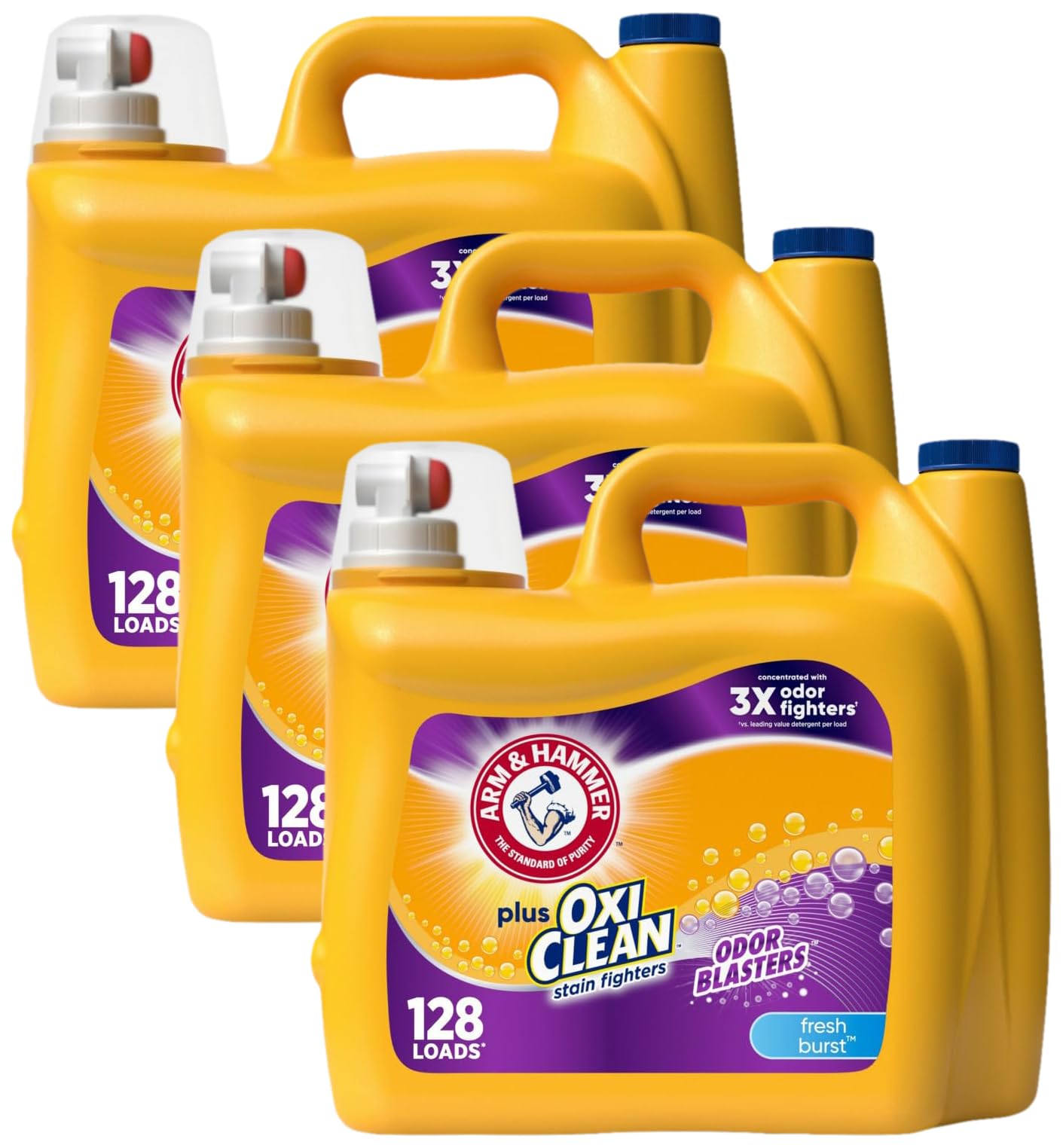 Arm & Hammer Plus OxiClean Odor Blasters Fresh Burst, 128 Loads Liquid Laundry Detergent, 166.5 Fl oz (Pack of 3)
