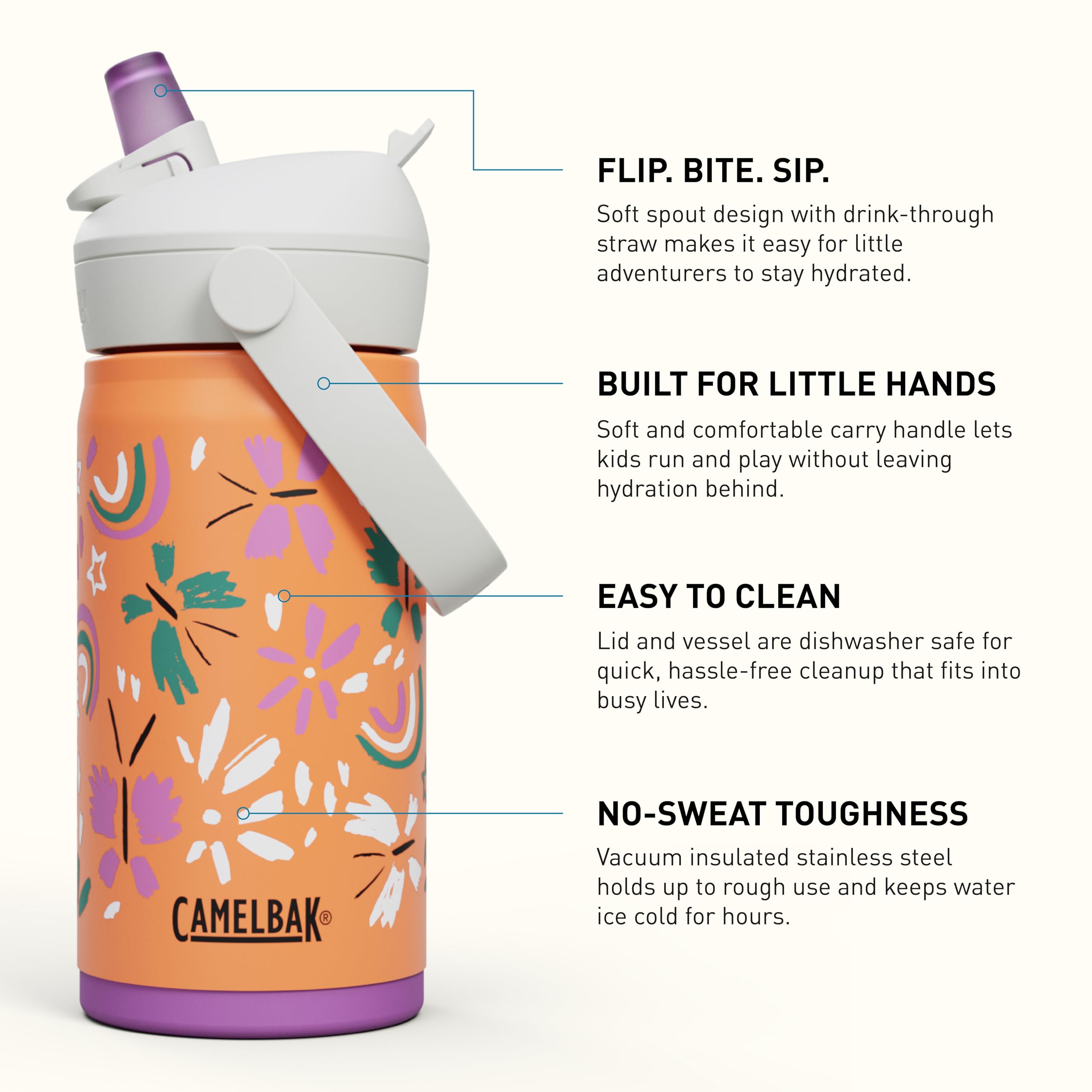 CAMELBAK THRIVE FS KIDS VSS 12OZ Trinkflasche Sport – Vakuumisolierter Edelstahl – Auslaufsicher – Hält Wasser kalt – Für kleine Abenteurer – Butterfly Rainbow, Größe: OS