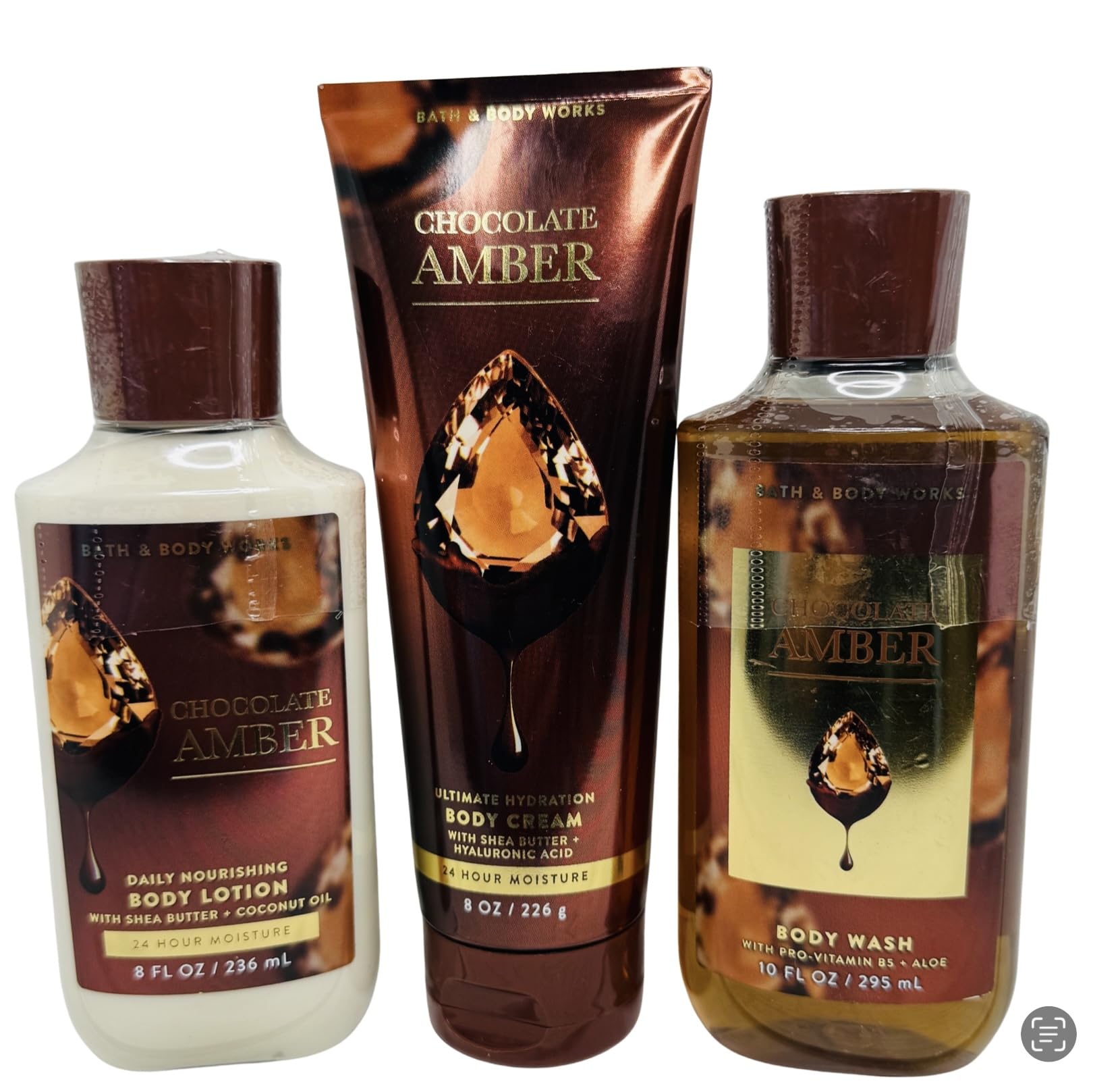 Bath & Body Works Body Chocolate Amber Gel Wash, Body Lotion and Ultimate Hydration Body Cream 3 Piece Set