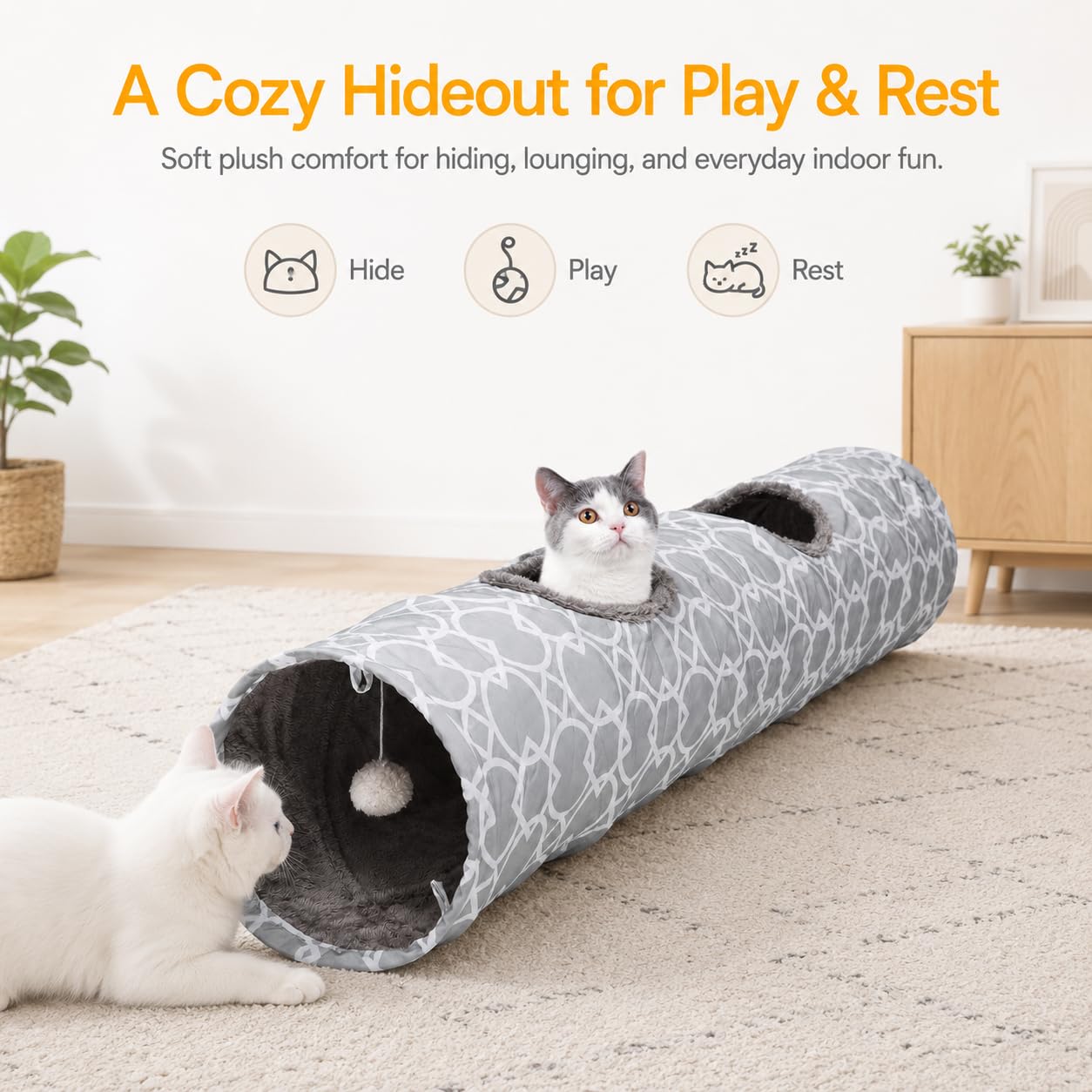 Túnel geométrico recto para gatos con interior de felpa, juguetes para gatos, tubo plegable con bolas, para conejos, gatitos, hurones, cachorros, diámetro de 9.8 pulgadas